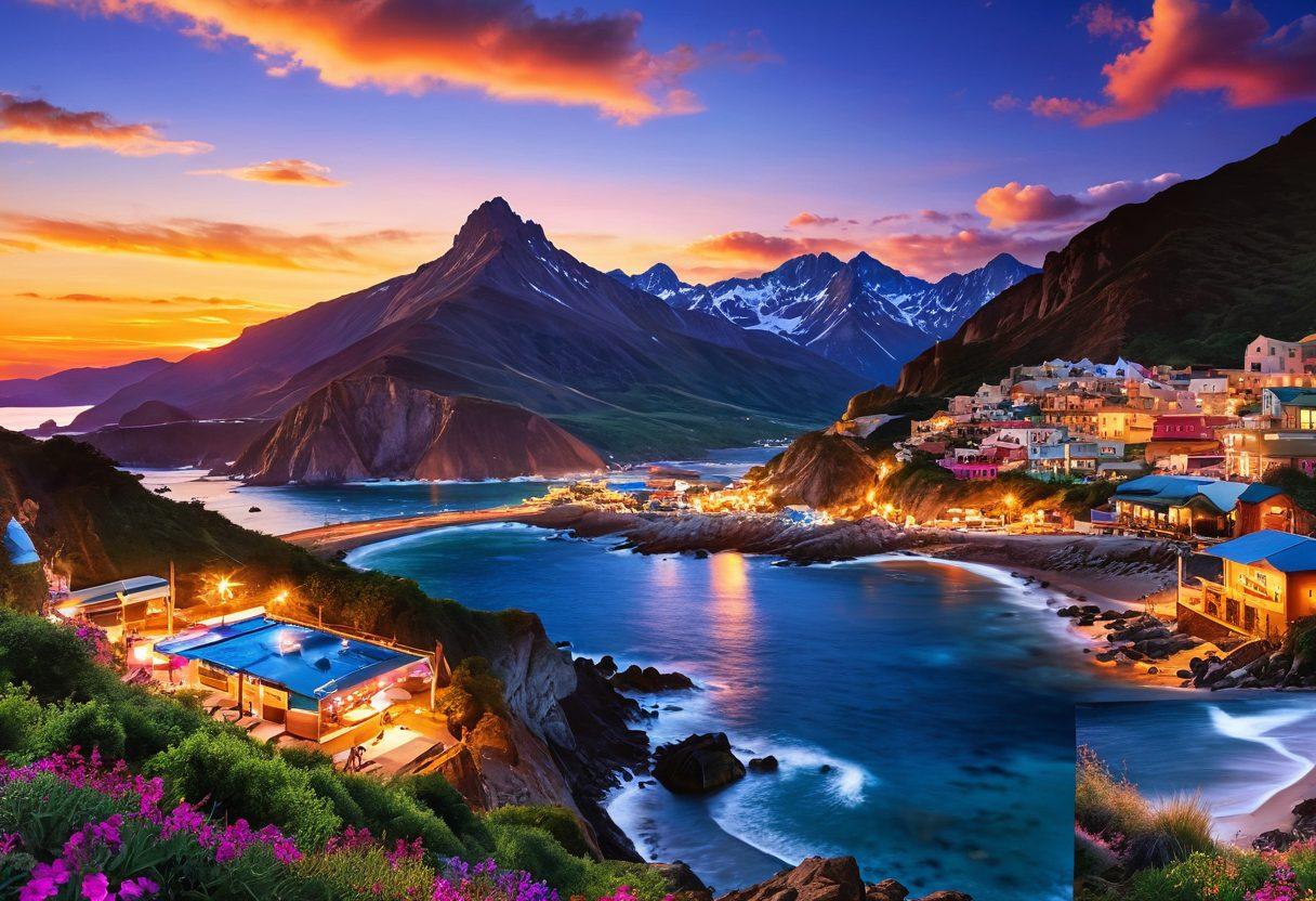 A dynamic collage showcasing diverse vacation spots: a serene beach at sunset, a rugged mountain trail, a bustling cityscape with neon lights, and a tranquil countryside with blooming flowers. Incorporate travelers of different ages and backgrounds enjoying activities like hiking, beach lounging, and city exploration. The scene should evoke a sense of adventure and discovery. vibrant colors. super-realistic.