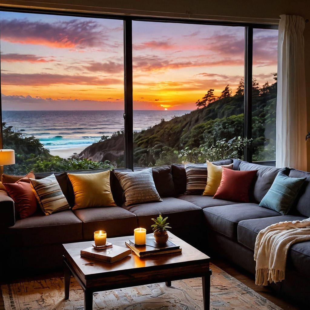 A cozy and inviting scene featuring a beautifully arranged living space with soft pillows, warm lighting, and a trendy coffee table adorned with travel books. In the background, a window reveals a stunning sunset over a peaceful getaway destination, such as a beach or forest. Incorporate hints of human interaction, like a family enjoying quality time together. Capture a sense of joy and relaxation. super-realistic. vibrant colors. soft focus.