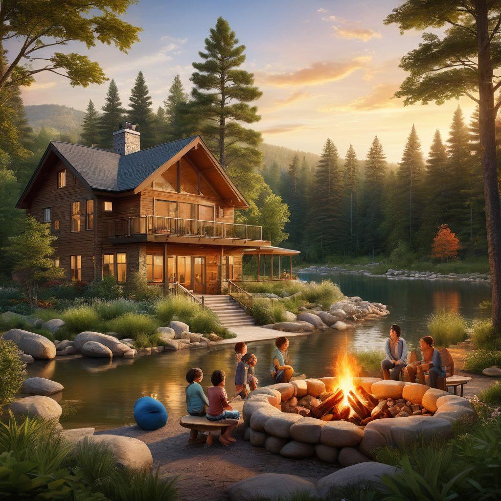 A serene retreat setting showcasing diverse families and professionals engaged in various activities like bonding over a campfire, collaborating in a conference room with large windows overlooking nature, and children playing outdoors. The landscape features lush greenery, cozy cabins, and a tranquil lake under a golden sunset. Highlight the joy and connection among people of different ages. super-realistic. vibrant colors. nature-inspired.